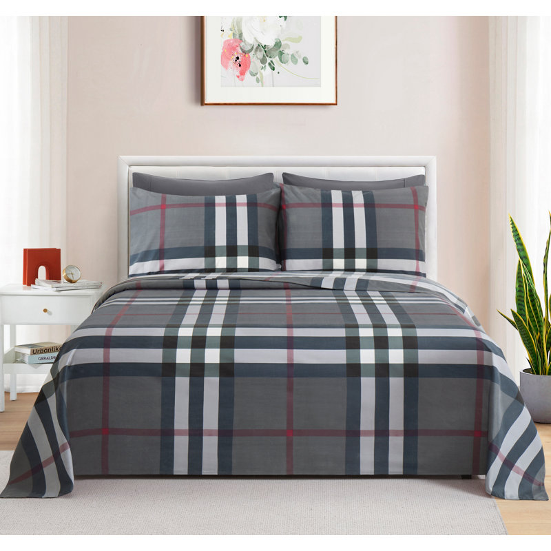 Ensemble de draps en rayonne de bambou toutes saisons 6 pièces avec 4 taies d'oreiller, motif de tartan gris moderne Marina