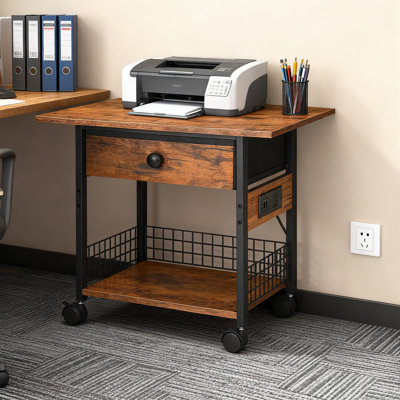 Support d'imprimante à 2 niveaux avec station de charge, chariot d'imprimante mobile avec prise de courant et tiroir en tissu, table d'imprimante sous le bureau pour l'organisation du bureau à domicile