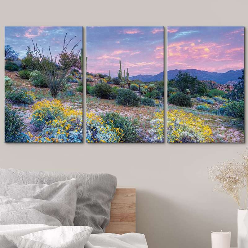 «Nature Landscape Blooming Desert at Sunset», reproduction de photo sur toile tendue, H 36 po x l 72 po x P 1,5 po