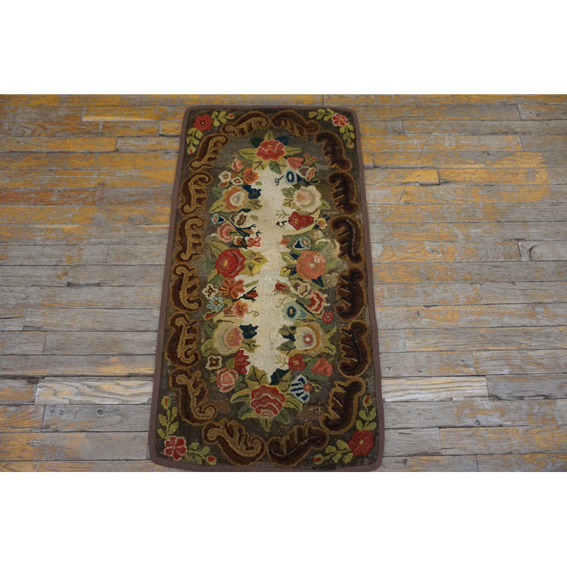 Tapis antique américain crocheté brun américain des années 1890
