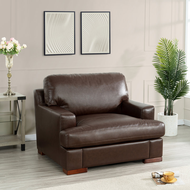 Ashwaq Modern Oversized Genuine Leather 3 Seater Sofa Couch with Square Arms for Living Room, Brown