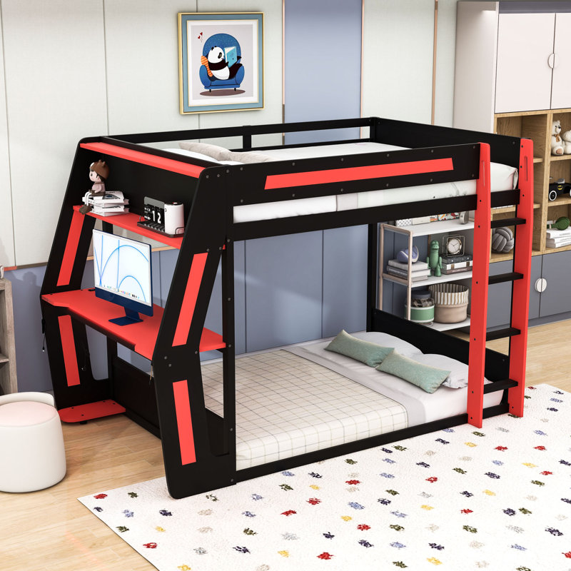 Lit superposé avec bureau, ports de chargement USB et lumière DEL, Rouge