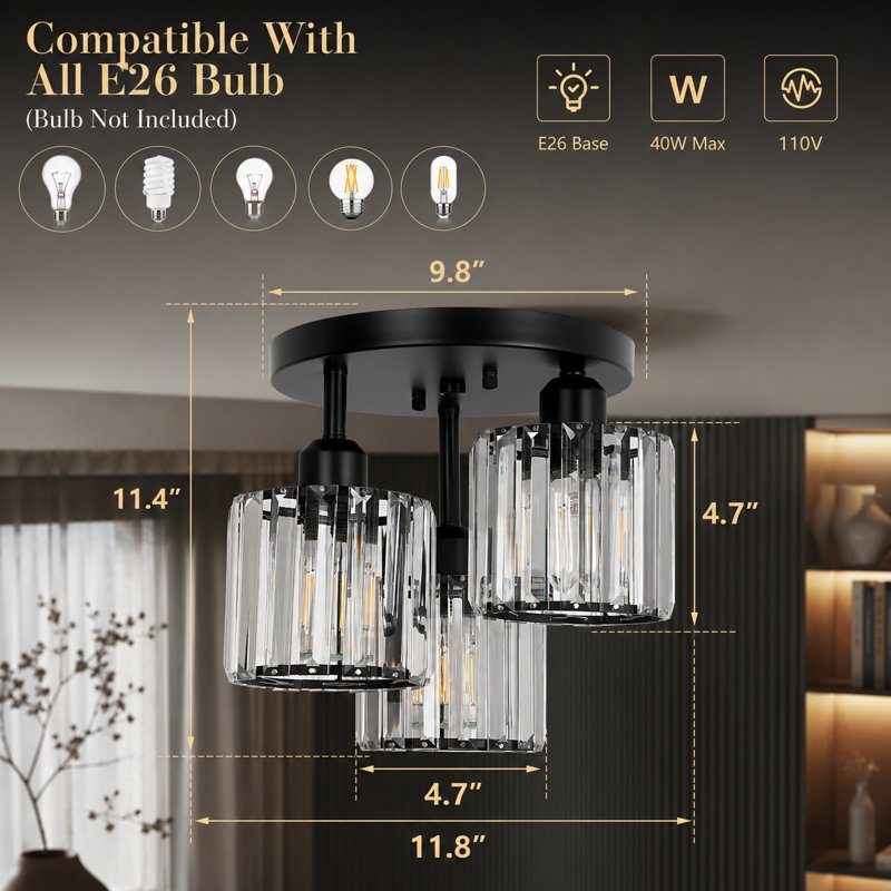 Modern Crystal Ceiling Light Fixtures, 3 - Light Semi Flush Mount Ceiling Light With Clear Crystal Shade, Matte Black
