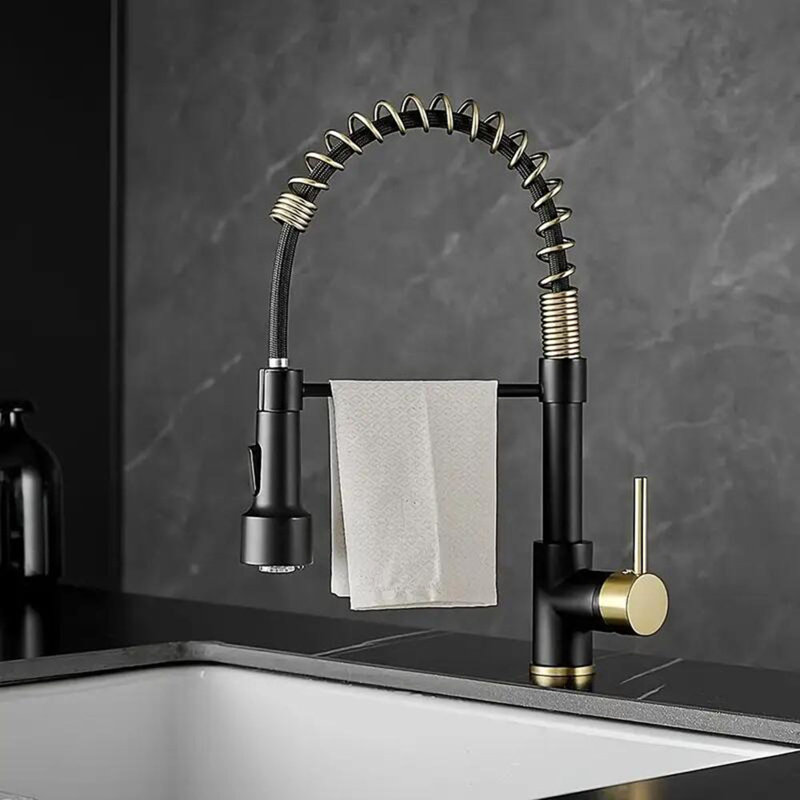 Senlesen Pull Down Kitchen Faucet, Black/Brushed Gold