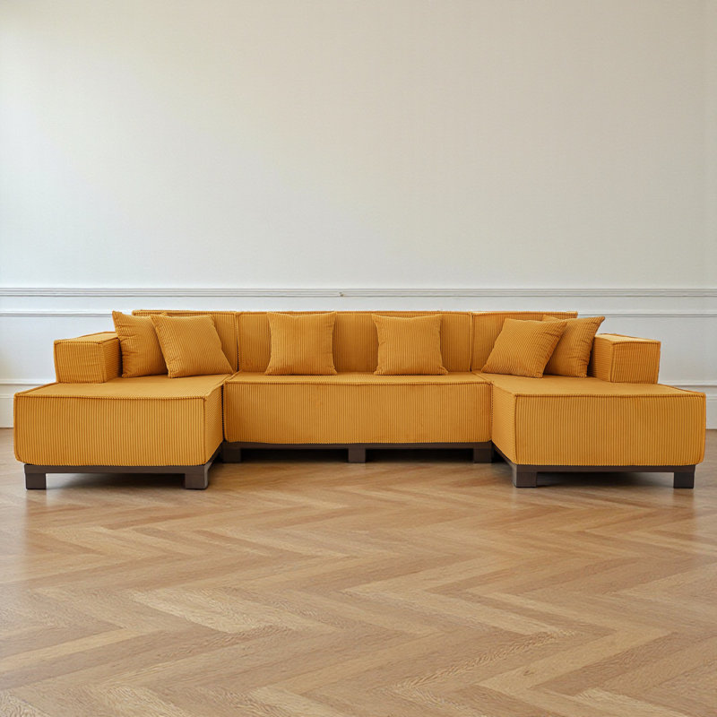 Corduroy Upholstered U-Shaped Sectional Sofa With LED Light Strip & Six Pillows, Orange Corduroy