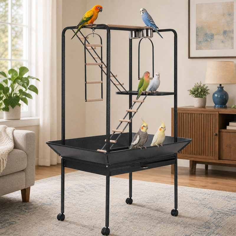 Centre d'activité mobile pour oiseaux avec échelles, crochets pour jouets et roulettes, 64 po