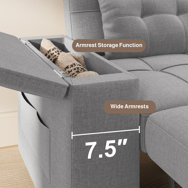 Upholstered Sleeper Sofa with Pull-Out Bed & Chaise Lounge - Wide Storage Arms & Side Pockets for Living Room, Bedroom, or Home Office