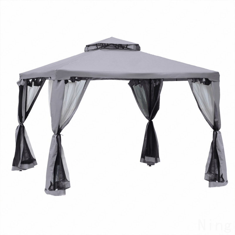 9.6X9.6FT Gazebo Steel, Mosquito Net For Garden Use With Double Roof (Gray), Gray