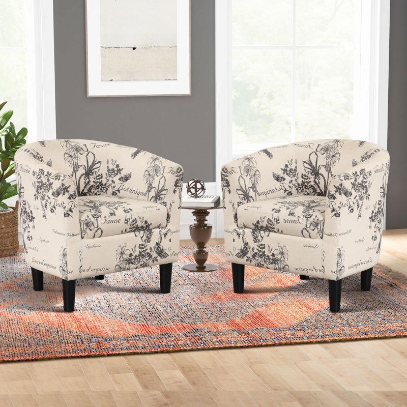 66 cm Wide Modern Barrel Chair with Upholstered Ottoman, White Linen
