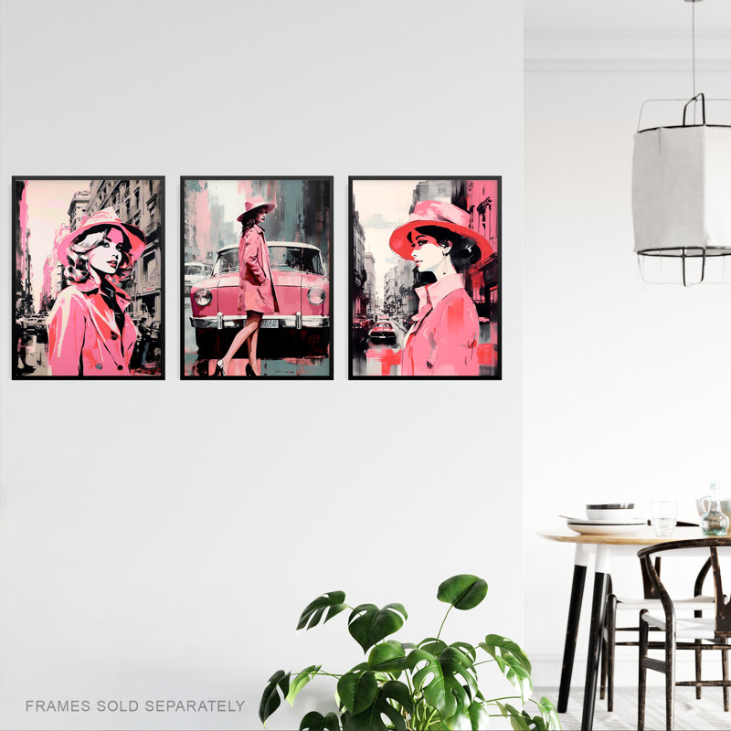 Pink Downtown Women City Winter Retro Fashion - 3 Piece No Frame Print Set, 40.5cm H x 30.5cm W x 0.3cm D