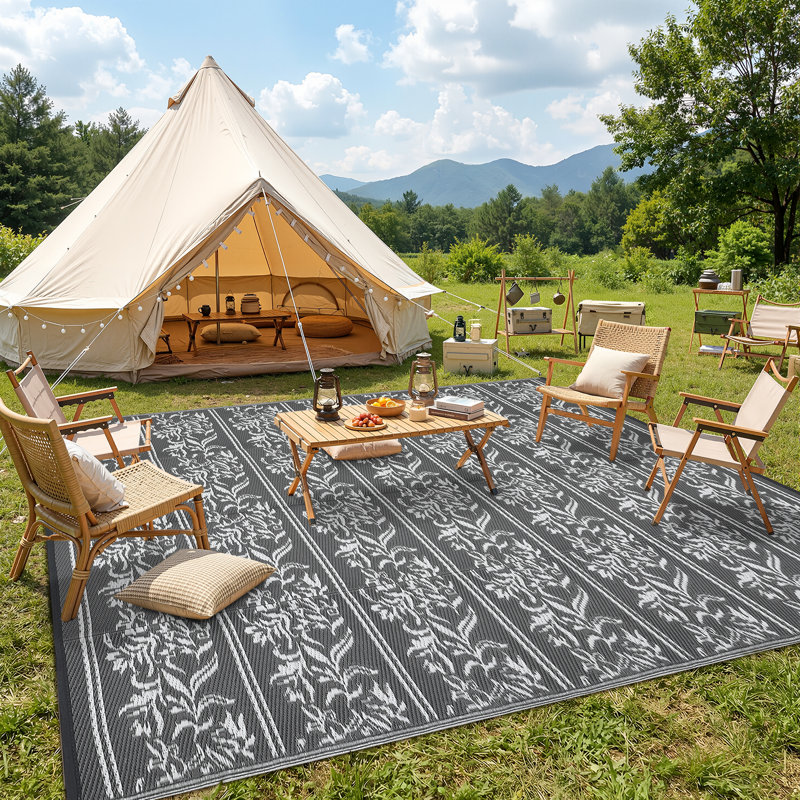 9x12 FT GreyWhite Wallpaper Flower Reversible Outdoor Rug Waterproof Plastic Straw Indoor Outdoor Mat for RV Camping Deck Backyard Picnic Patio