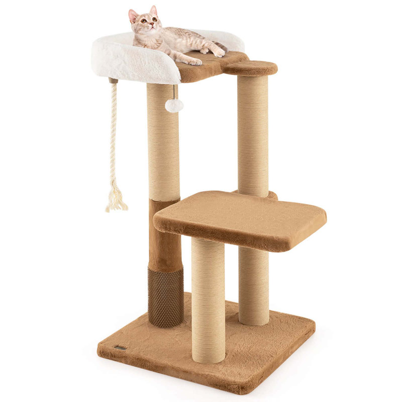 44" Caramel and White Sisal Cat Tree with Faux Fur Perch