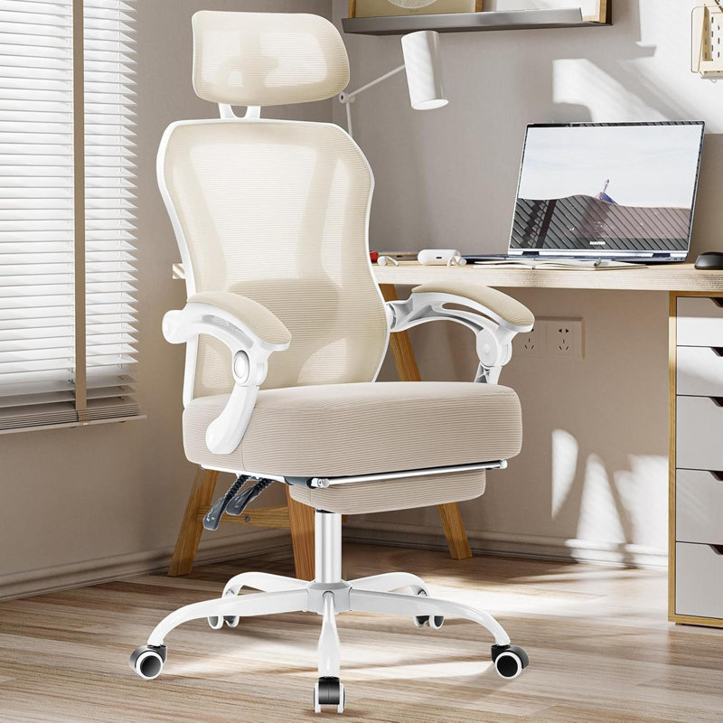 Cream Ergonomic Office Chair - High Back Mesh Chair With Footrest, 2D Adjustable Lumbar Support, Headrest & Spring Cushion (Reclining)