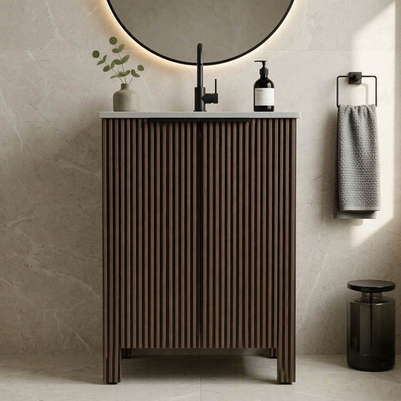 Armoire de salle de bain au sol, jumelée à un lavabo en céramique, installation en 1 minute, pliable et facile à transporter