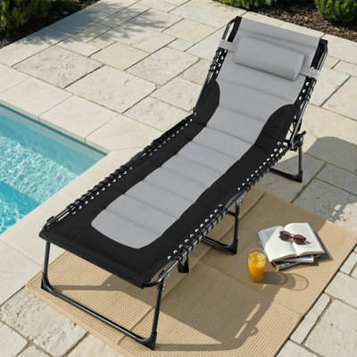 Padded Folding Lounge Chair, Portable Reclining Chair With Pillow & Side Pocket, Outdoor 5-position Adjustable Chaise Lounger With Carrying Handle, Fo