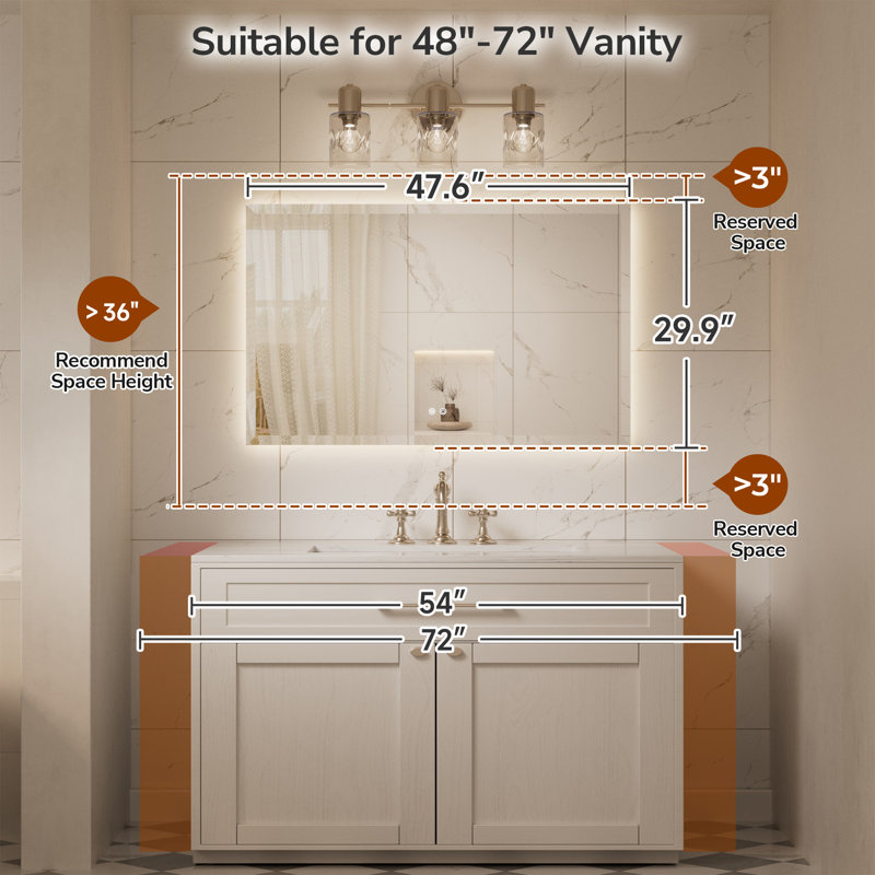 Beveled LED Backlit Bathroom Vanity Mirror, 30" x 48"