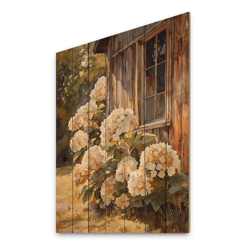 Hortensias dans le poulailler - Art mural en bois d'hortensias - sur bois de pin naturel, H 20 po x l 10 po x P 0,78 po