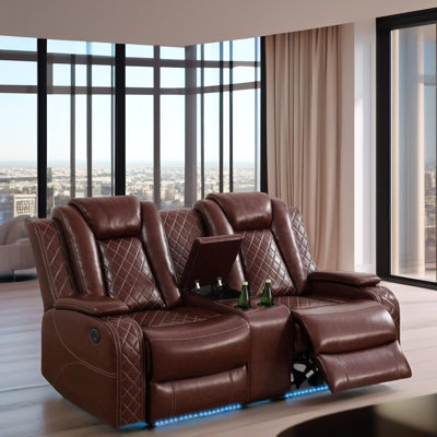 Cove Brown  Vegan Leather  Reclining  Loveseat With Cup-Holders And LED Lights