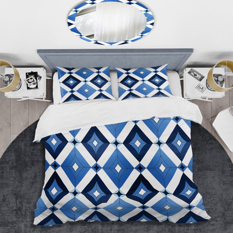 Literie géométrique minimaliste à motifs géométriques blancs et bleus, Housse de couette pour très grand lit et 2 très