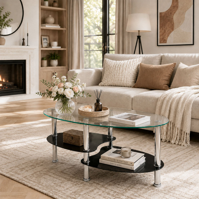 34.65x18.9 2-Tier Oval Tempered Glass Coffee Table with Stainless Steel Legs for the living room