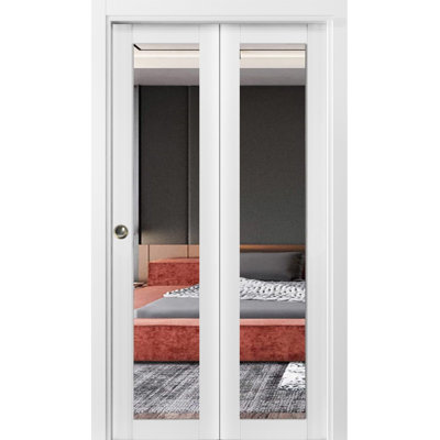 Sliding Closet Bi-Fold Doors  | Lucia 1299  With Mirror | Sturdy Tracks Moldings Trims Hardware Set | Wood Solid Bedroom Wardrobe Doors