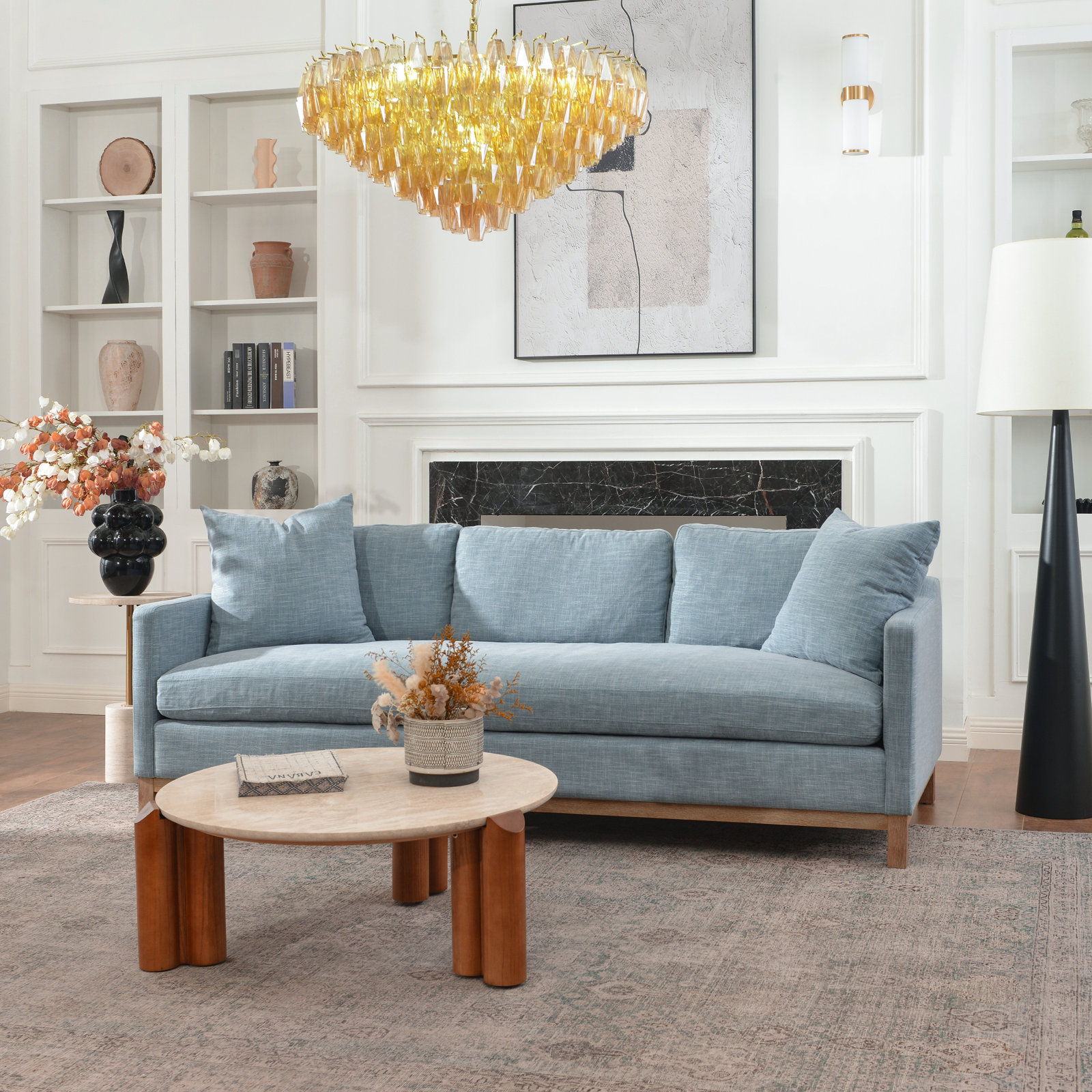 Cami 91'' Upholstered Sofa, Sky Blue Linen Blend
