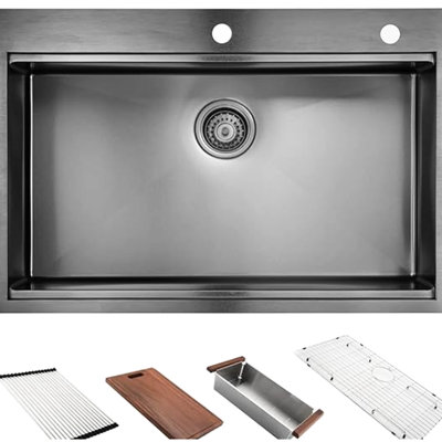 16 Gauge Stainless Steel Kitchen Sink 27" X 22", Drop In. Gunmetal Black, Practical Workspace, Easy To Sanitize And Keep Clean For A Hygienic Extraordinary 22" Black In Sink, Workstation. Spacious,
