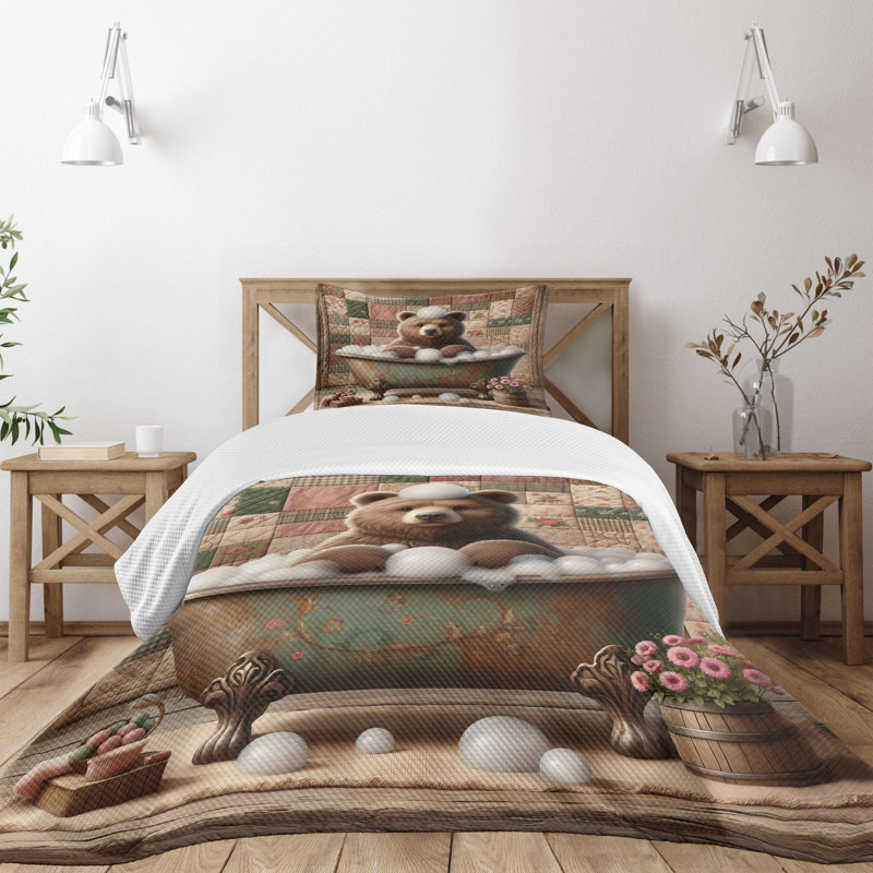 Rustic Twin Blue Quilted Bedspread Set with Bear Design