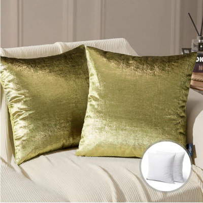 Green Gold Textured Velvet Throw Pillow Cover, Decorative Cushions for Sofa Bed