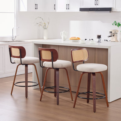 Set of 3 26" Counter Height Bar Stools, Walnut Black Frame, Cane Rattan Back, Beige Linen Upholstered Seat, Swivel Design, for Kitchen Island, Bar & Counter