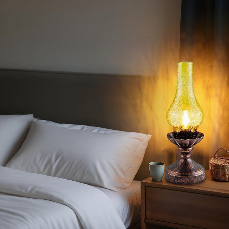 Lampe de table rétro avec contrôle tactile | Lampe de chevet rustique à 3 intensités avec abat-jour en verre craquelé ambré et ampoule à DEL Edison incluse pour le bureau de la chambre à coucher