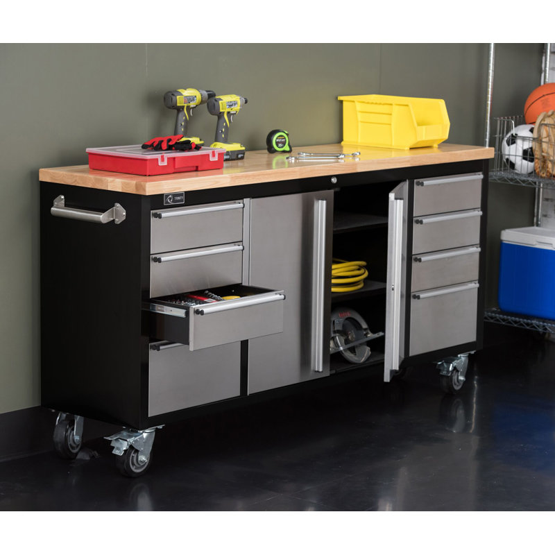 TRINITY 72 in. W 8-Drawer Black Rolling Mobile Workbench w/ Stainless Steel Face