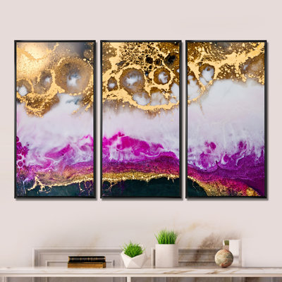 " Gold White And Fuchia Epoxy Resin Art " 3 - Pieces