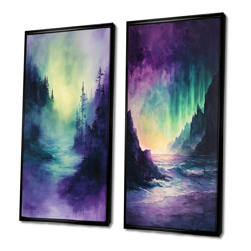 Ensemble de 2 pièces d'art mural vert et mauve Tachisme Landscape I - Tachisme, H 28 po x l 24 po, Cadre flottant noir