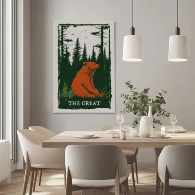 1Pc Framed Canvas Poster Print Forest Bear, Pine Forest and Flying Birds, Vintage Woodcut Style Wall Art Decor, Perfect for Room Decor Living Room Bed