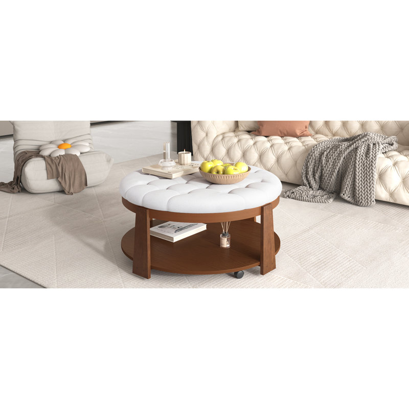 Large round ottoman coffee table | 2-tier button tufted design | wood shelf storage | waterproof linen upholstery | wheeled footrest