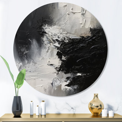Noir et blanc délicat coups de pinceau II - Abstrait marbre rond, art mural sur métal