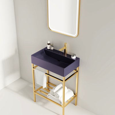 24" Bathroom Vanity - Ceramic Basin In Purple Gloss, Freestanding Sink , Gold Metal Leg, Storage Solution Rectangular, Sink, Open Storage, Smooth