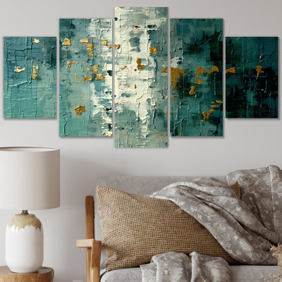«Vintage Impermanence In Retro Gold Shades» - Art mural abstrait sur toile - 5 panneaux