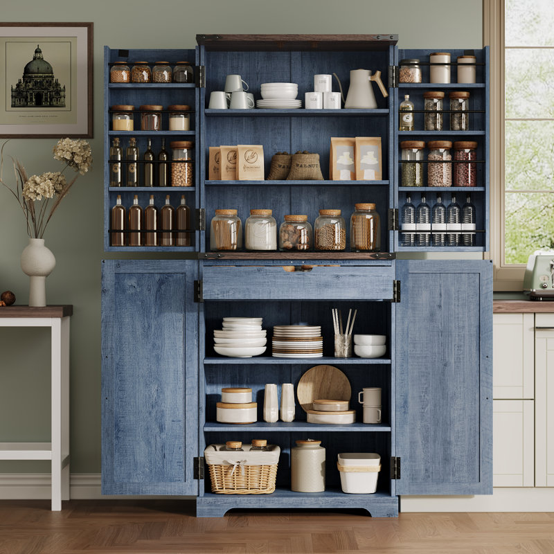 72" Farmhouse Kitchen Pantry Storage Cabinet With 12 Door Shelves, 6 Adjustable Shelves and 1 Hidden Drawer, Blue
