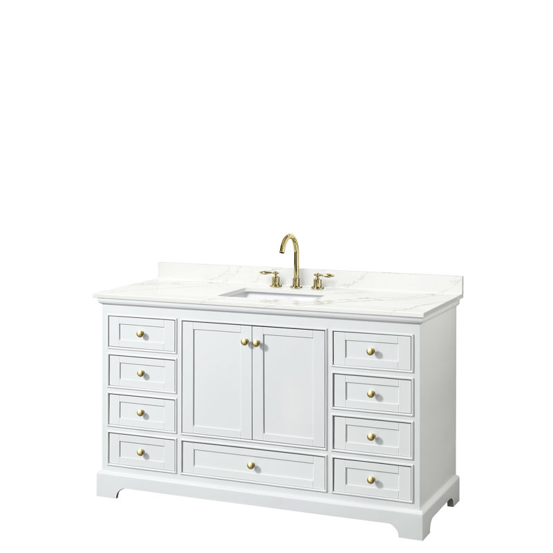 Ensemble de meuble-lavabo autoportant simple Deborah avec plateau en quartz et miroir, Giotto Quartz, Blanc, Or brossé