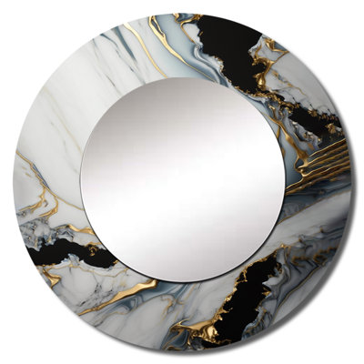 Pryanika Abstract Geode Gold And White Marble III - Marble Decorative Wall Mirror, White Round Mirror, Printed Metal Art