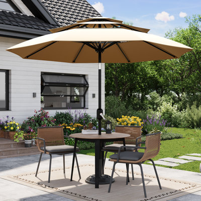 10 ft. 3-Tier Patio Umbrella, UV Protection Round Market Umbrella with Crank & Push Button Tilt in Tan