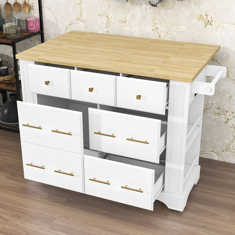 Wooden Kitchen Island with Trash Can Storage, Drop Leaf, Drawers and Charging Station, White