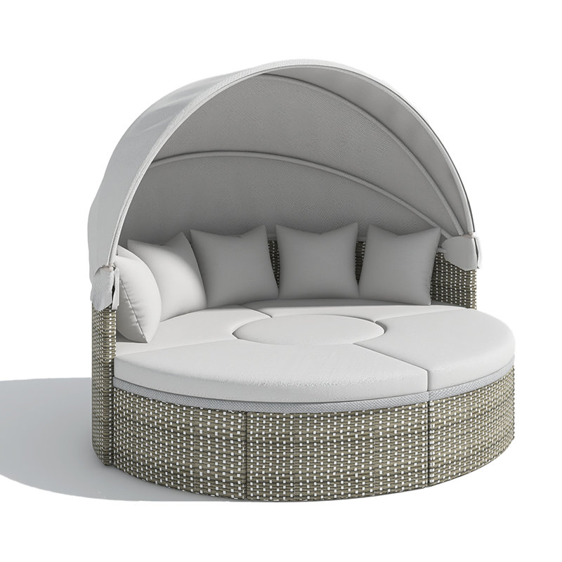 Patio Round Rattan Daybed Two-Tone Weave Sunbed With Retractable Canopy And Cushions, Grey