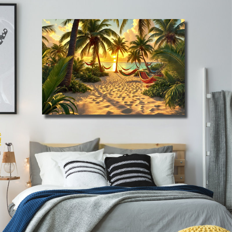 Art mural en verre trempé Tropical Beach Sunset, 30" H x 40" W