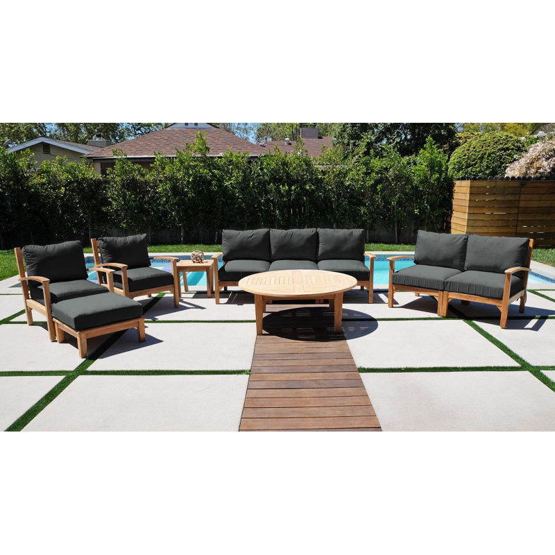Huntington Outdoor 7 - Piece Teak Conversation Set, Table, Sofa, Loveseat, Ottoman, 2 Chairs, Coal
