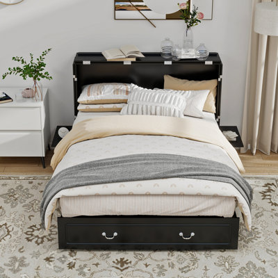 Grand lit escamotable de rangement avec tiroir, armoire-lit escamotable avec tablettes, sans matelas, noir