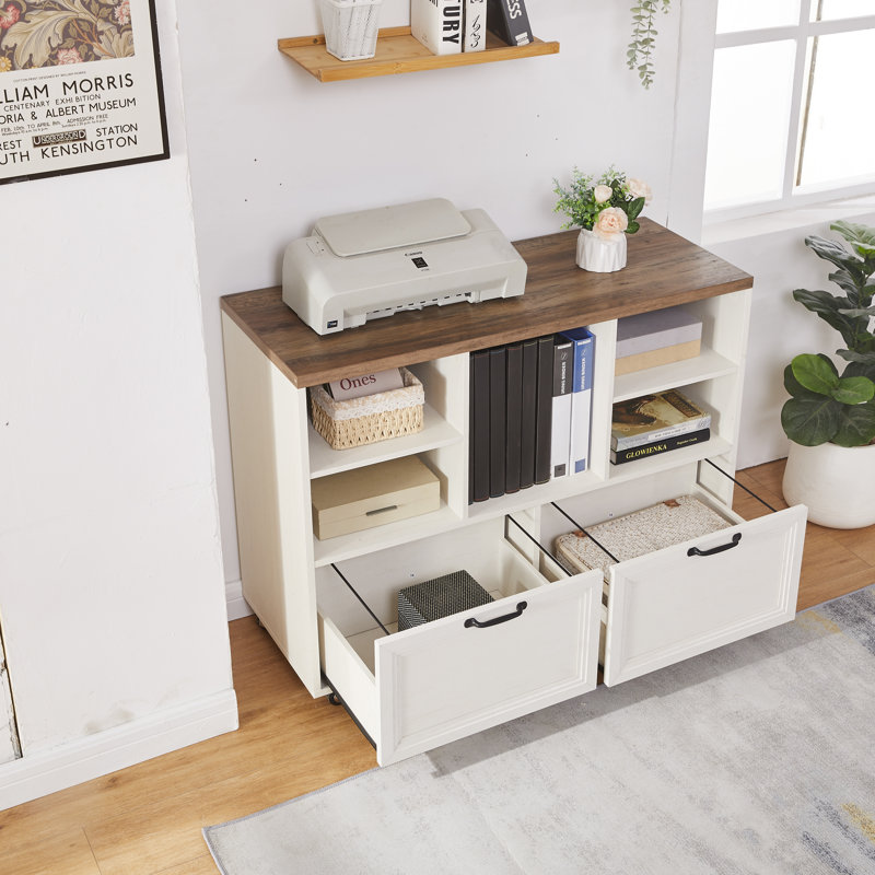 Vintage File Cabinet with Sturdy Metal Construction, Detachable Shelves, Movable Wheels, and Handle – Ideal Home Office Storage, White