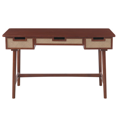 Table de travail multifonctionnelle de style mid-century en rotin brun de 130 cm (51 pouces), avec trois tiroirs décoratifs en rotin tressé, idéale pour un bureau, une chambre ou un salon.
